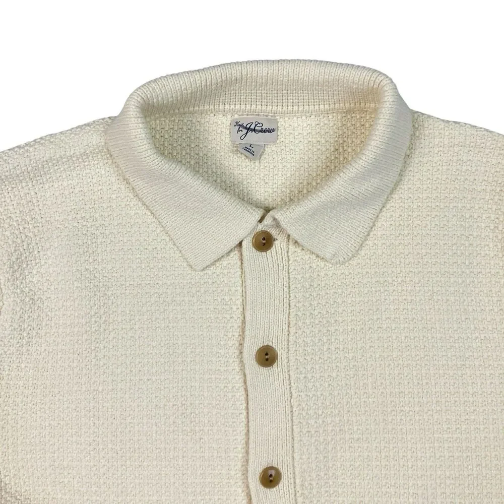 J Crew Polo Cardigan Mens L Cream Short Sleeve Cotton Waffle Knit Preppy CQ900